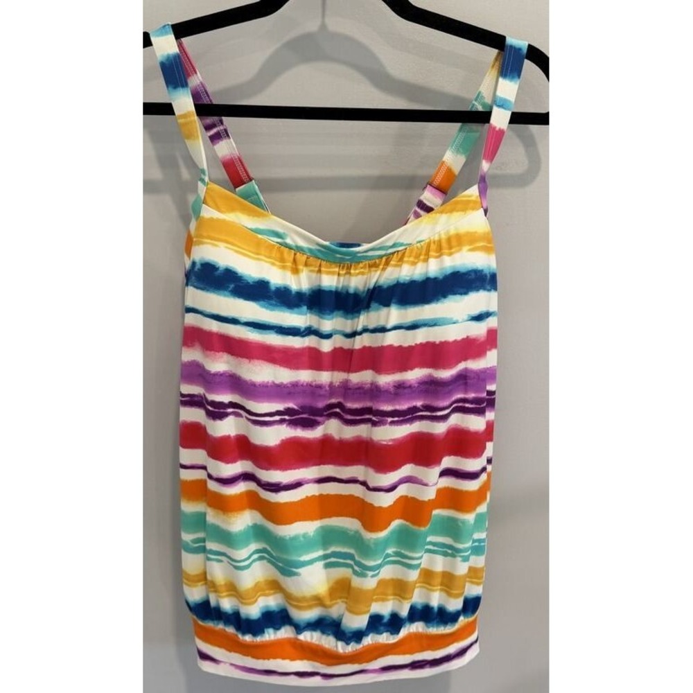 Lands End Womens Tankini Swimsuit Top Blouson Bright Mulit Stripe Size 12 D